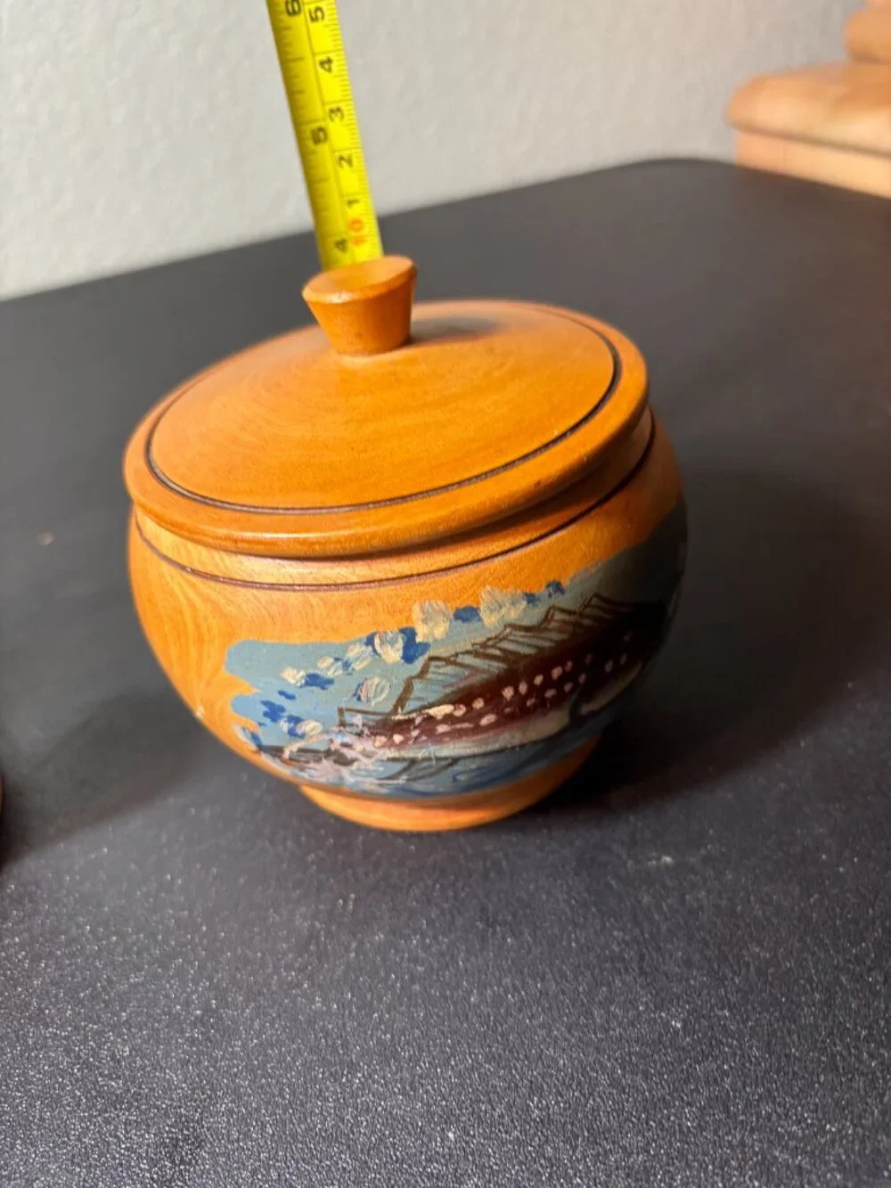 Mid Century Handmade & Painted Wooden Bowl & Utensil Holder Peru